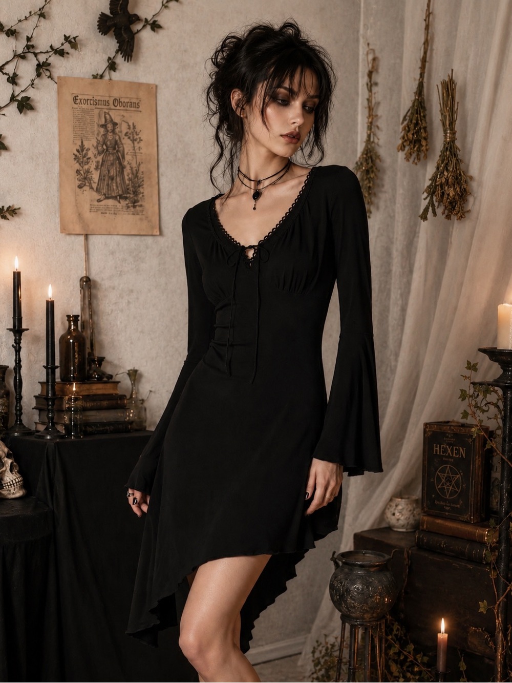 Vintage Y2K Witchy Coquette Asymmetrical Hem Dress Whimsigoth Dark Fairy Lace